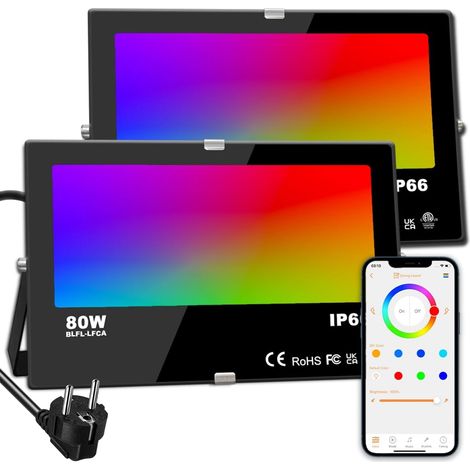 Lot de 2 Projecteur LED extérieur 80W, RGBW 8000 lumens, IP66 étanche, contrôle Bluetooth, blanc chaud 2700K pour jardin