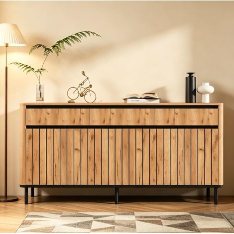 Sideboard 160x40x73 cm, 3 cassetti e 3 ante a lamelle, ripiani interni, bordi arrotondati, MDF, legno naturale (1/5)