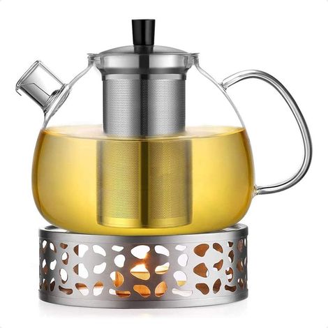 Base chauffante en acier inoxydable avec théière en verre, théière en verre haut de gamme, filtre amovible innovant en acier inoxydable, corps de théière en verre raffiné, compatible avec une chauffe (1/5)