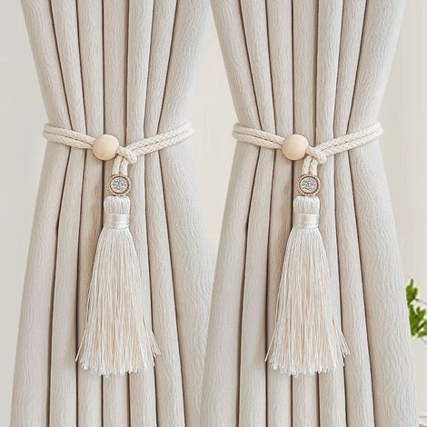 Confezione da 6 fermatende in corda di cotone e perline di legno, non necessitano di foratura, fermatende decorativi universali e mobili - Stile 3