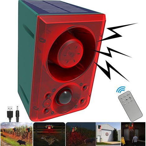 Alarme sonore et lumineuse solaire avec détecteur de mouvement, télécommande, volume réglable, fonction d'enregistrement, sirène de 130 dB, système d'alarme de sécurité, convient aux maisons, villas, (1/5)