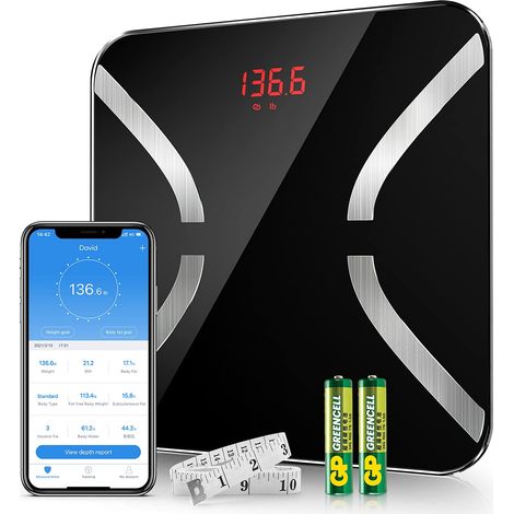 Balance impédancemètre, pèse-personne intelligent numérique sans fil avec analyseur de composition corporelle et application pour smartphone, IMC, pour salle de bain et salle de bain.