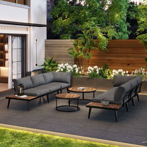 Modernluxe – Salon de jardin modulable 6 places – 2 tables gigognes – structure en fer galvanisé et bois d'acacia – coussins d'assise épais 5cm – gris