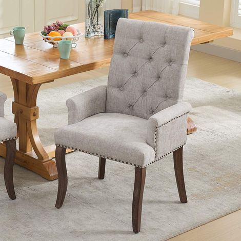 Chaise de Salle à Manger, Fauteuil avec accoudoirs salle à manger, Pieds Incurvés en Bois et Capitonnage, Classique, Gris clair (1/5)