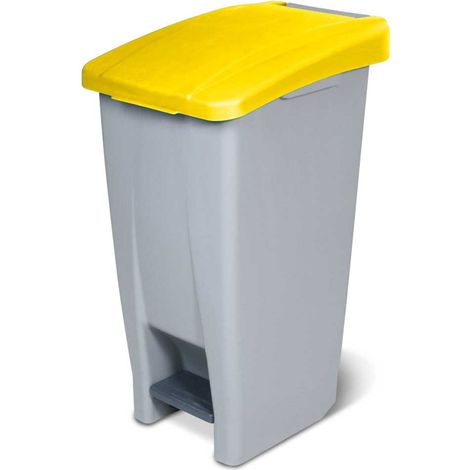 BRB Poubelle à pédale avec roulettes, capacité 60 litres, HxLxP 700 x 380 x 490 mm, gris corpus, couvercle jaude (1/3)