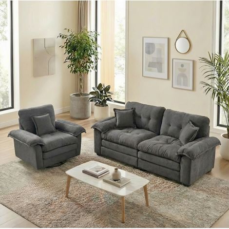 Canapé en chenille grise, fauteuil + loveseat 2 places, assise profonde avec coussins (1/5)