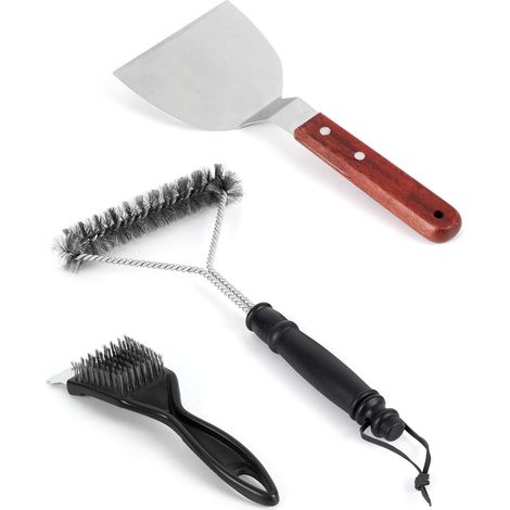 Kit de Nettoyage Barbecue - 3 Brosses en Acier Inoxydable et Grattoir pour Gril - Set d'Outils de Nettoyage pour Barbecue à Gaz, Charbon et Électrique - Nettoyant Grille de Cuisson (1/5)