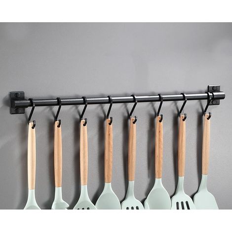 Küchenregal aus Aluminium/Edelstahl - Kein Bohren erforderlich - 60 cm - Hängestange mit 8 Haken - Schwarz (Küchenutensilien nicht enthalten) (1/5)