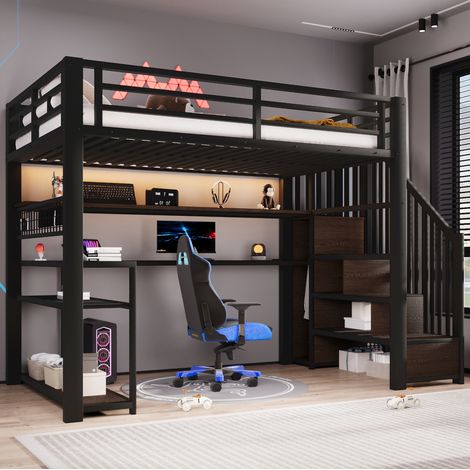 Cama alta 90x200 cm negra de metal y MDF con LED RGB, escritorio, armario y almacenaje (1/5)