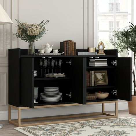 Buffet, meuble de rangement à quatre portes, 120x80x30 cm, portes sans poignées, étagères réglables intégrées, pieds en métal, MDF, noir (1/5)