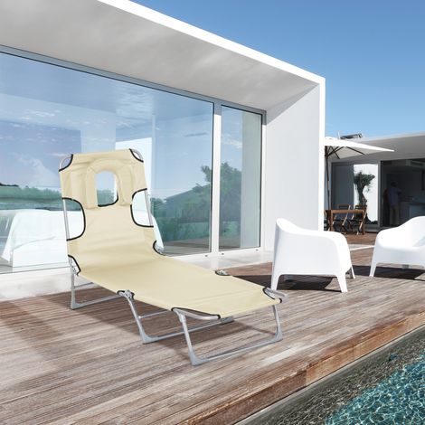 Chaise longue de Beige jardin inclinable et pliante avec appuie tête dossier à trou lecture réglables en 5 niveaux pour plage 182x56x28 cm