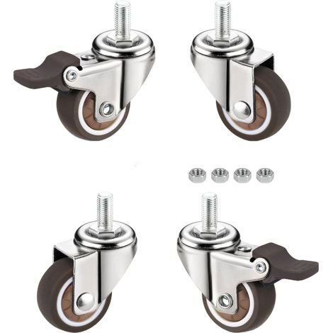 Ruedas giratorias silenciosas de 3,17 cm con vástago roscado M6 - Ruedas de goma para muebles bajos con freno (1/5)