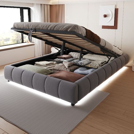 Lit coffre 140x200 cm avec rangement hydraulique et LED intégrée, Lit double capitonné sans tête de lit en velours gris, Cadre de lit suspendu (1/5)