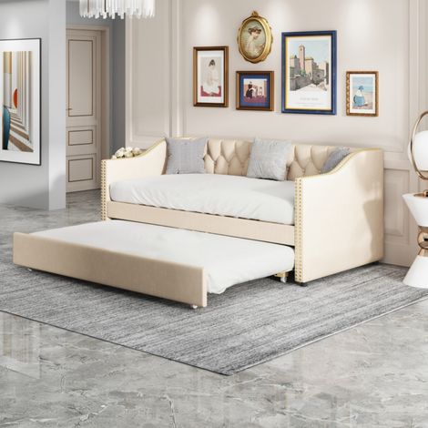 Canapé-lit 2 en 1 convertible, Lit avec dossier, Lit gigogne extensible multifonctionnel, lit double 90x200 avec sommier, lit 2 Personnes, tête de lit rembourré, pour salon et chambre à coucher, beige (1/5)
