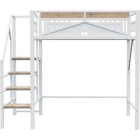 Letto a soppalco in metallo 140 x 200 cm bianco con scala di sicurezza e spazio sottostante (1/5)