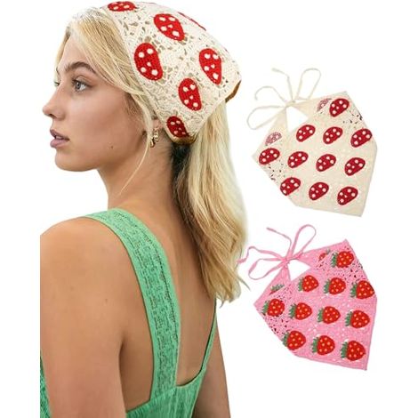 Dos pañuelos para el cabello de ganchillo, pañuelos florales de punto, pañuelos con estampado de margaritas, pañuelos vintage para mujeres y niñas. (1/5)