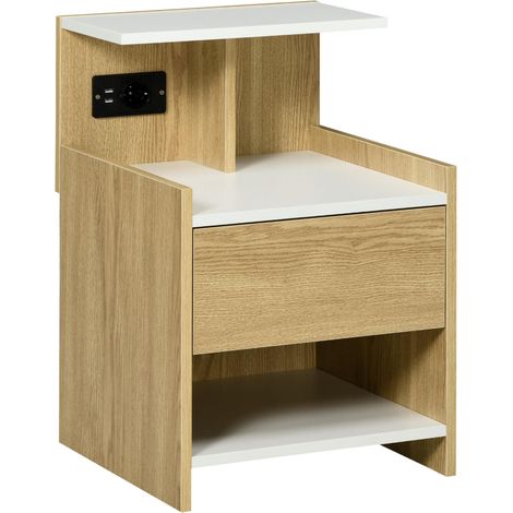 Table de chevet avec ports USB, prise électrique, tiroir et étagères, 40 x 40 x 60 cm, finition naturelle (1/5)