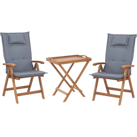 Conjunto de comedor de balcón en madera de acacia oscura con sillas ajustables plegables cojines azules Java