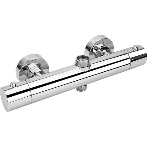 Mitigeur de Douche, Mitigeur Thermostatique Douche Avec 2 Sortie, Sortie Supérieure 3/4" BSP(26.4mm) et Sortie Inférieure 1/2" BSP(21mm), Forme Ronde, Finition Chromée (1/5)