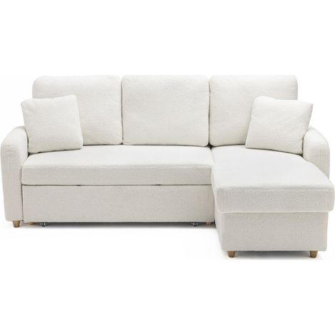 Drawer – Canapé d'angle convertible 3 places en tissu bouclette – Coffre de rangement intégré – Dimensions couchage 135x190cm – Blanc (1/5)
