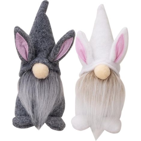 Deux décorations de Pâques, en forme de petits lapins aux oreilles grises et blanches.
