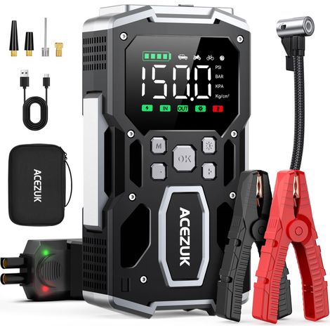 Booster Batterie Voiture 9000A 150PSI Gonfleur Pneus Voiture Démarreur avec Compresseur à Air 12V Jump Starter pour Véhicule (Tout Gaz ou 10L Diesel) 400 Lumens LED (1/5)