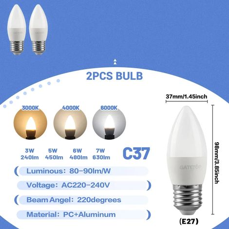(2 ampoules LED bougie, blanc chaud 3000K) E27, convient pour l'éclairage domestique. (1/4)