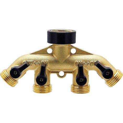 Distributeur de tuyau en laiton à 4 voies, connecteur adaptateur de tuyau d'arrosage de 3/4 pouce, adaptateur de robinet de tuyau avec 4 vannes (1/5)