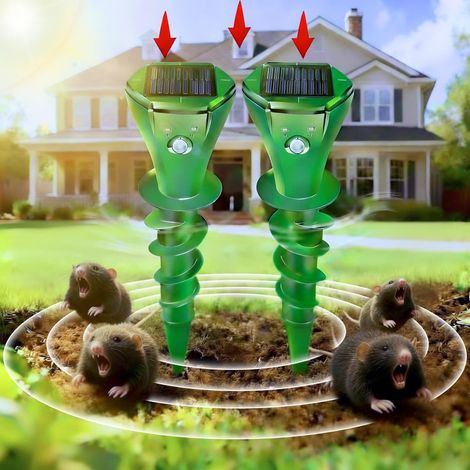 Paquete de 2 repelentes ultrasónicos para topos, resistentes al agua IP65, para césped, jardín y patio. Repelente de topos con energía solar. Repelente sónico para topillos y topos. (1/4)