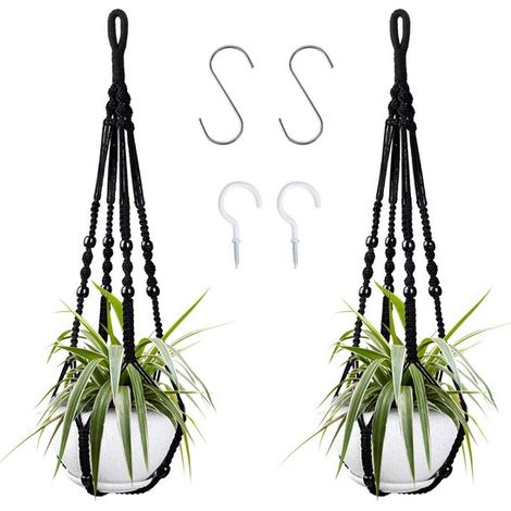 Cestas colgantes para plantas, Juego de 2, Negras, Hechas a mano, aptas para plantas de interior y exterior (85 cm) (1/5)