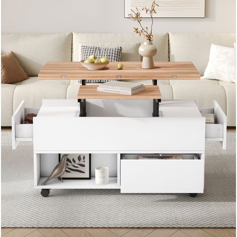 Mesa de centro elevable con ruedas 100 x 50 x 52 cm, 4 cajones, blanco y madera OKWISH (1/5)