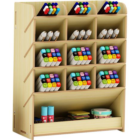 Boîte De Rangement Pour Stylos - Support Organisateur De Bureau En Bois Avec 12 Compartiments Et 1 Tiroir - 21 X 9,2 X 25,5 Cm - Pour Bureau Maison Ou Bureau (1/5)