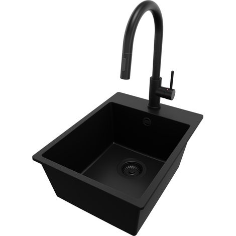 PRIMAGRAN Evier Cuisine en Granit 38x50cm, Lavabo 1 bac + Robinet 40x20cm + Kit de Vidage, Évier à Encastrer au meuble 40cm - Riga, Tout Noir