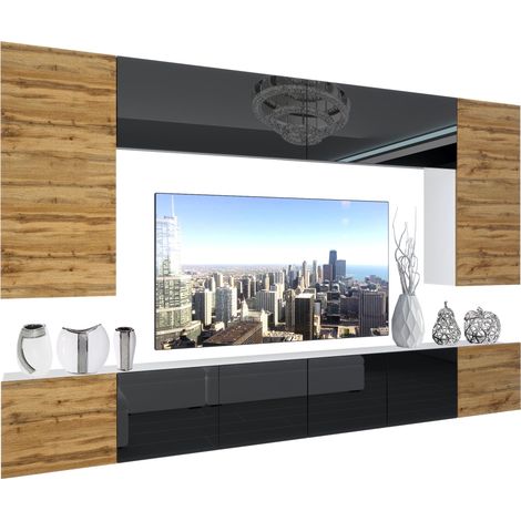 BELINI Wohnwand Vollausstattung Wohnzimmer-Set Moderne Schrankwand mit LED-Beleuchtung Anbauwand TV-Schrank Wotan Eiche/Schwarz