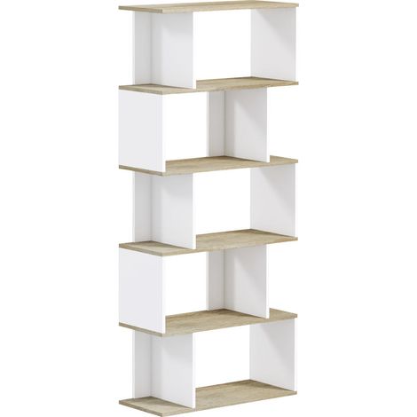 Pour livres et déco Bibliothèque étroite meuble de rangement de salon style scandinave 5 étagères aspect bois et blanc (1/5)
