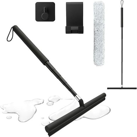 Teleskop-Duschabzieher – 30 bis 124 cm – Inkl. Mikrofasertuch und 2 Halterungen – Edelstahl – Ausziehbar – Für Bad und Fenster – Schwarz (1/5)