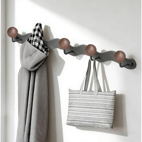 Porte Manteaux Muraux, 38 cm Patères Portemanteaux pour Entrée, Gris Etagere Porte Manteau, avec 5 Crochets en Bois en Forme de Boule, pour Chambre, Salle de Bain et Salon gris (1/5)