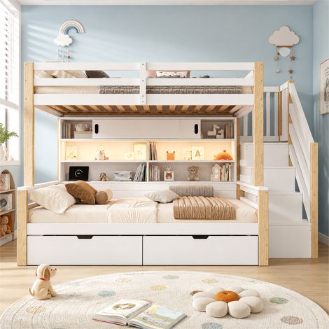 Lit superposé, lit mezzanine en bois massif, lit enfant, 90 x 200 + 90 x 200 cm, lit en bois avec bande lumineuse LED, port USB, escalier de rangement et porte coulissante, blanc et naturel (1/5)