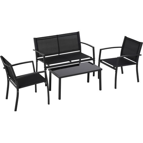 Adelaide - Salottino da giardino di design con divanetto + 2 poltrone + tavolino da caffè con ripiano in vetro. Set lounge da esterno 4 pezzi in metallo e textilene. Nero (1/5)