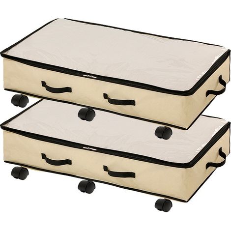 Grand coffre de rangement à roulettes, organisateur de vêtements et de jouets, en tissu non tissé, à placer sous le lit, gris beige, avec roulettes et plaque de base, lot de 2 (1/5)