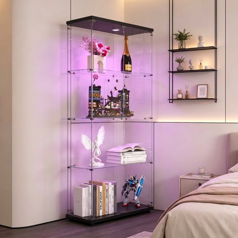 Vetrina a due ante e quattro ripiani in vetro - con 4 ripiani e ante - mobile contenitore autoportante - design moderno - legno e vetro temperato - nero - adatta per soggiorno o camera da letto (1/5)