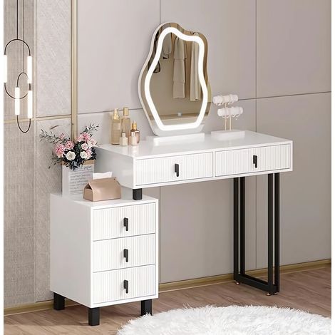Coiffeuse WOLTU - Miroir LED - Éclairage Réglable - Table de Maquillage avec Plateau Brillant - Tiroirs en Bois Massif - 1 Commode Flexible - Noir+Blanc (1/5)