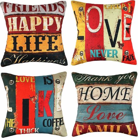 DEESSE SHOP - Housse de coussin 45 x 45 cm taie d'oreiller lin rétro coussin Love Home carré housse de coussin rayé taie d'oreiller pour maison salon canapé chambre décoration lot de 4 (1/5)