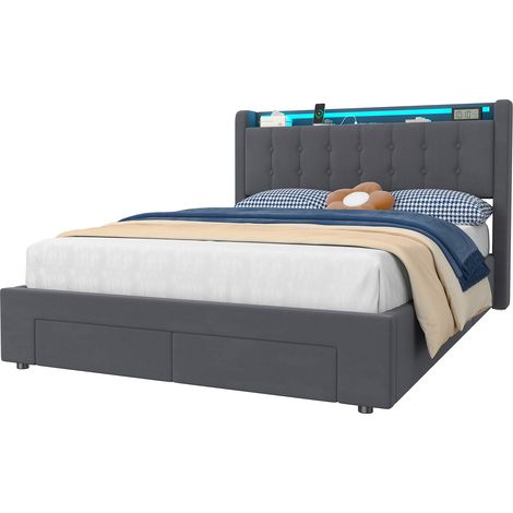 Lit 140x190 cm velours gris foncé avec rangement caché, 2 tiroirs, USB et lumière d'ambiance, capacité 200 kg – de CHICFURN (1/5)