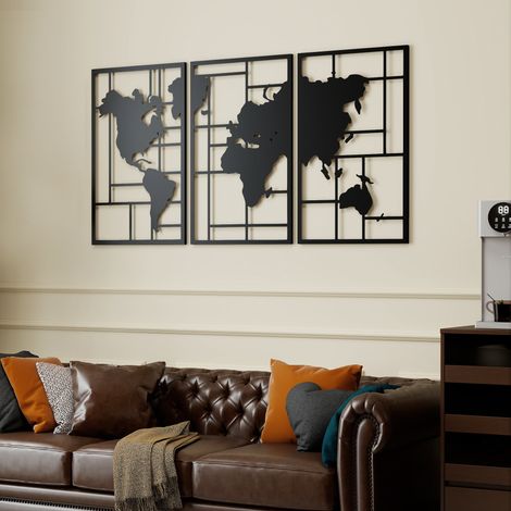 Decorazione murale in metallo, 3 pezzi, mappa del mondo per soggiorno, camera da letto, corridoio, 50 x 80 cm, nera