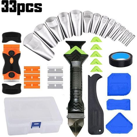 Kit de Calfeutrage 14 Pièces, Outil Multifonction 6-en-1 pour Joints en Silicone et Vitre, avec Grattoir Double Tête, Lisseur, 3 Lames Plastique, 3 Lames Métal, Ruban Adhésif Noir et Boîte de Rangemen