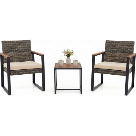 Salon de Jardin Exterieur 2 Personnes, 2 Fauteuils en Rotin PE&Acier avec Table Basse à Plateau en Bois Composite, pour Balcon, Terrasse, Beige (1/5)