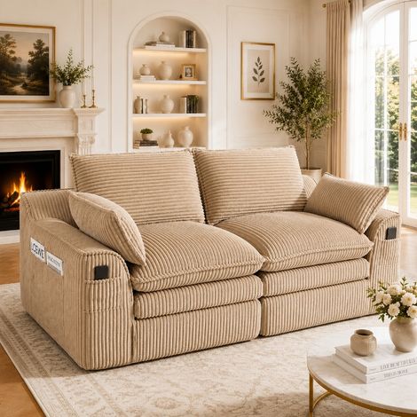 Modulares 2-Sitzer Cordsofa mit Federkern und Seitentaschen, Kompressionssofa ohne Montage inklusive Kissen, 191x94x85 cm, Khaki (1/5)