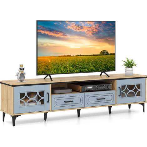 COSTWAY Mobile TV in Legno per Televisori Fino a 80", Mobile Porta TV 180 cm con 2 Cassetti, 2 Armadi e Scomparto, 7 Gambe Metalliche Rialzate, Consolle Media per Soggiorno (Blu) (1/5)