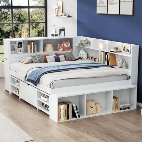 Lit enfant 140x190 cm, Lit simple multifonctionnel avec tiroirs et étagères de rangement, pour chambre ado, Blanc